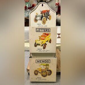 Old Metal 2 Pocket Wall Organizer Mail Holder with Antique Cars made in Japan